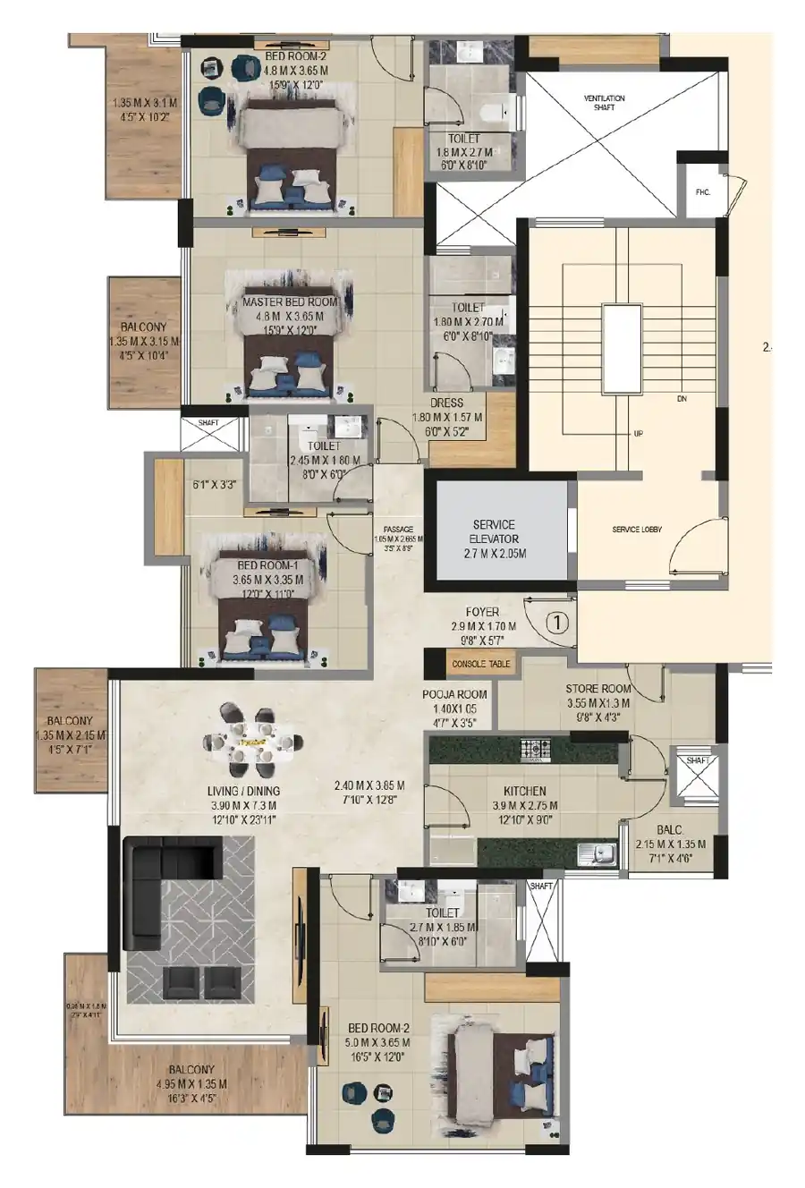 Luxury 3 BHK Floor Plan